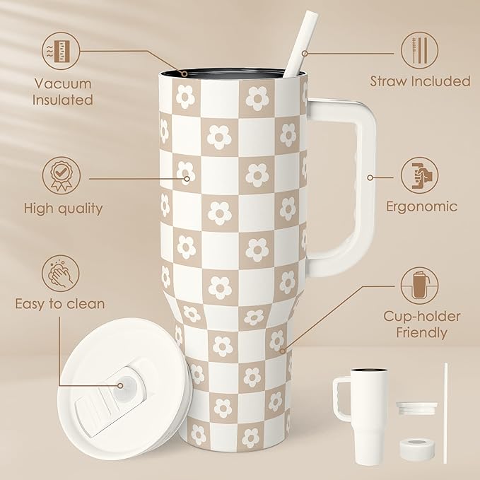 Checker Tumbler with Handle and Straw 40oz – Stainless Sleel Slider Tumbler Travel Coffee Mug for Women - Gift Idea for Birthday Christmas