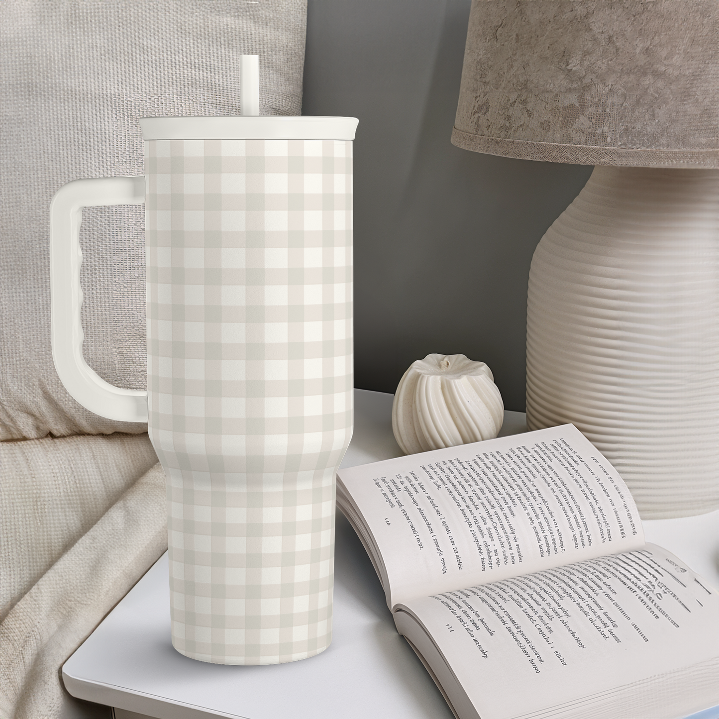 Grey Gingham 40oz Slider Tumbler with Handle and Straw - Insulated Stainless Steel Travel Coffee Mug for Women Girls, Gift for Birthday, Christmas